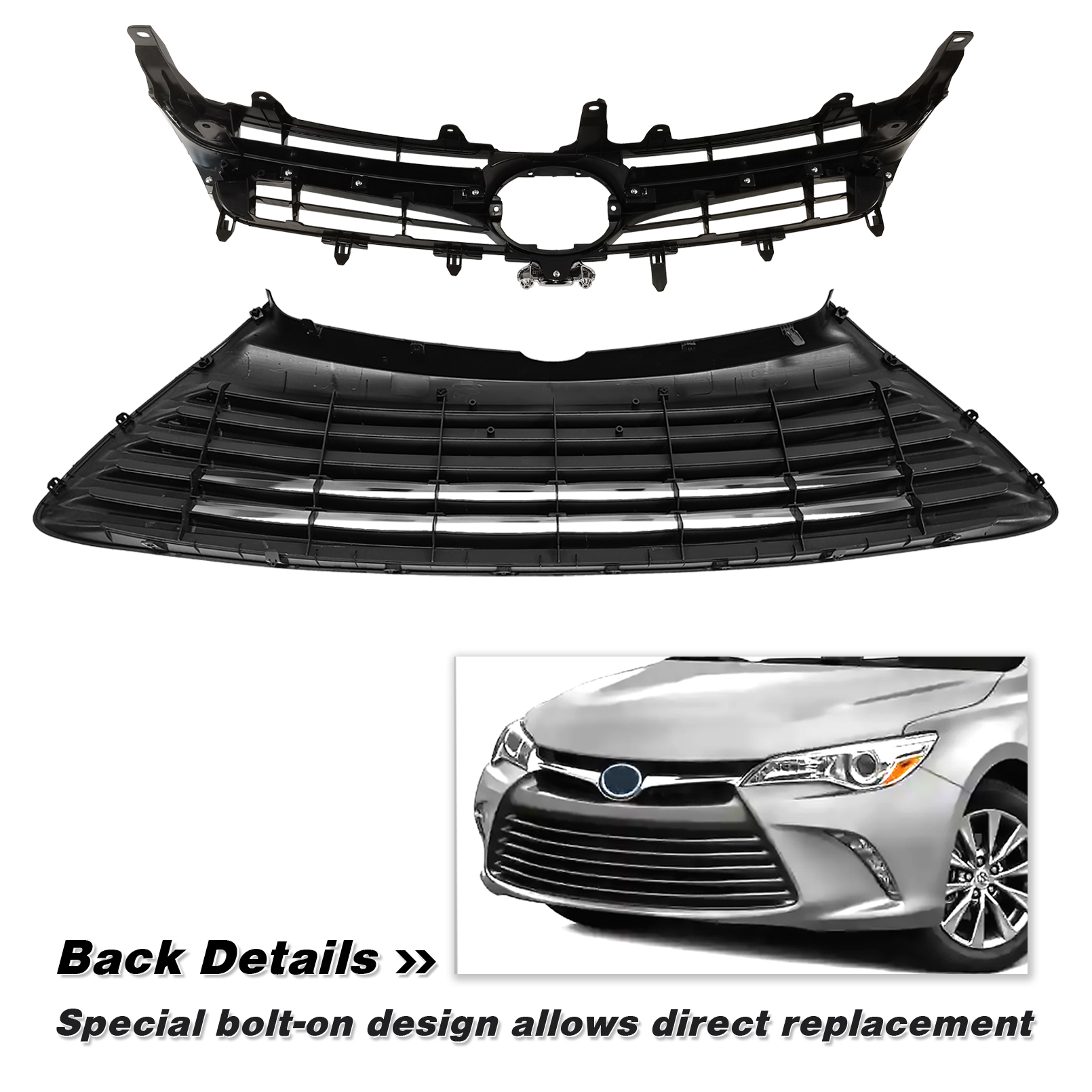 Front Bumper Upper Grille For 2015-2017 Toyota Camry LE, XLE, SE, XSE (Chrome/Black) - View #6