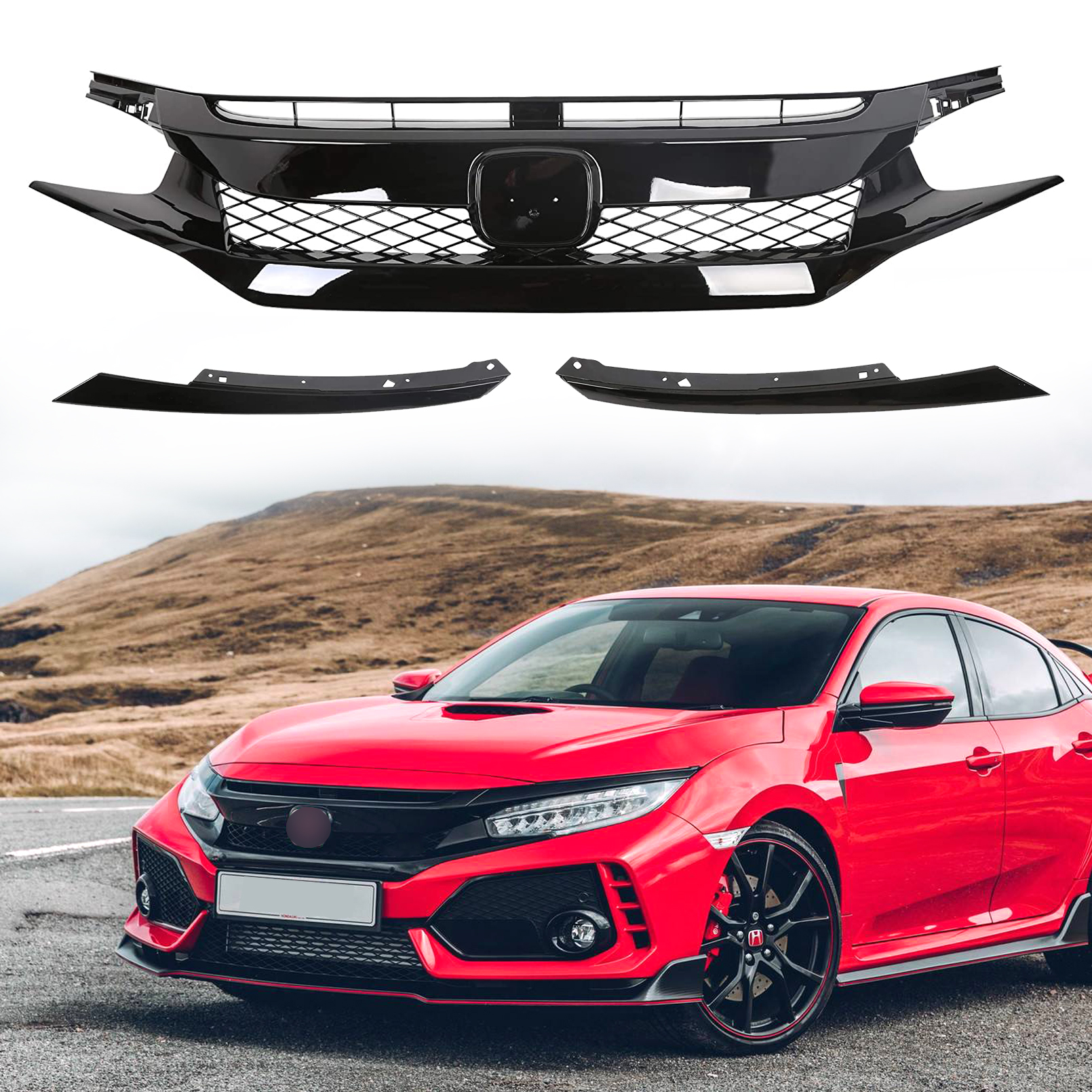 Glossy Black Mesh Grill For 2016–2018 Honda Civic – Type R Style Front Bumper Hood