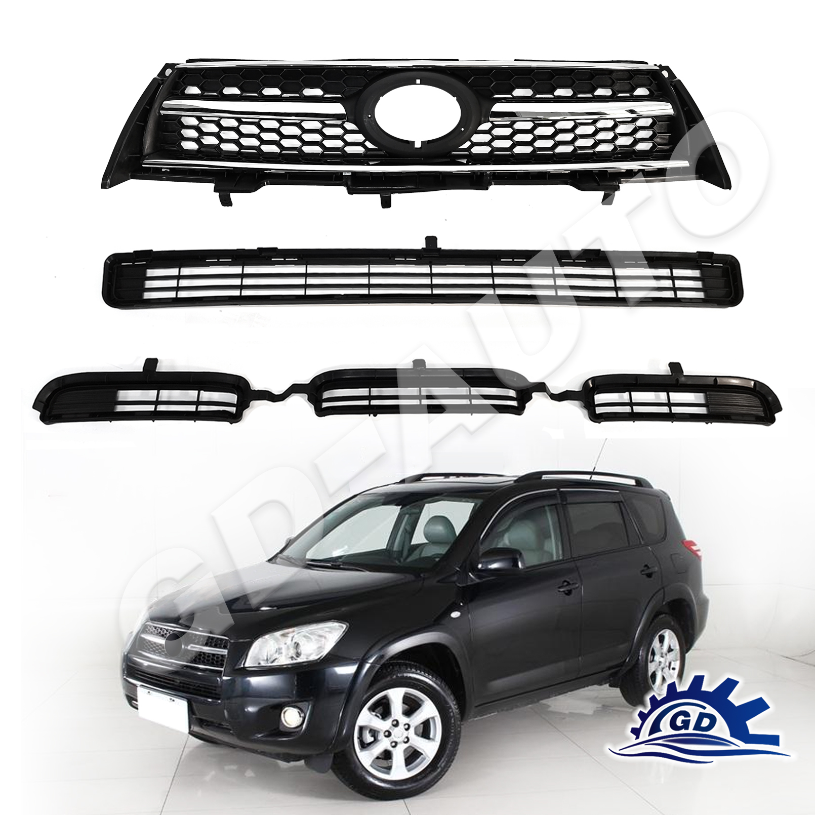 3pc Front Bumper Grille Assembly For Toyota RAV4 2013-2015 – Upper, Center, Middle – Mesh Black & Chrome, 1-Year Warranty